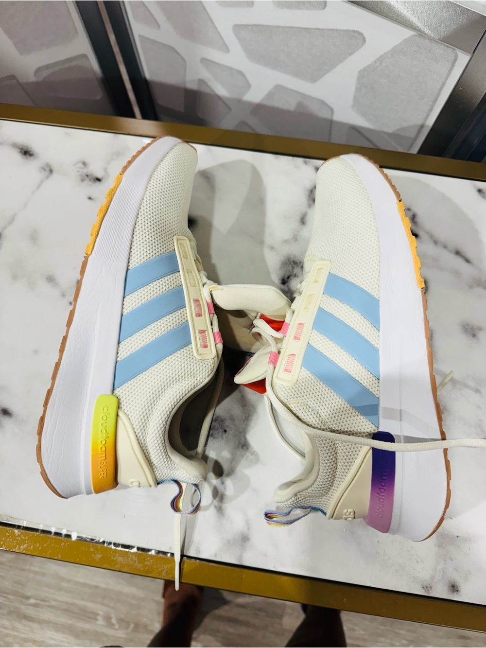 adidas Women’s Cream Sneakers with Light Blue Stripes and Rainbow Heel - Picture 8 of 9